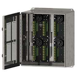 A render of a CTC SB202 extended capacity, stainless steel switch box shown with front lid unlatched.